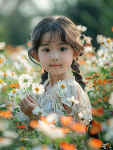 可爱的小花朵摄影照片_花朵丛中的小女孩照片