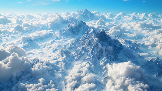 蓝天白云俯瞰山脉摄影照片