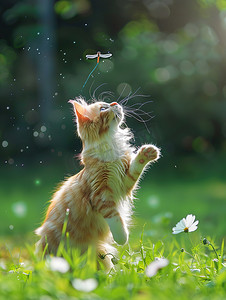 金渐层猫咪摄影照片_猫咪跳跃抓蜻蜓公园高清摄影图