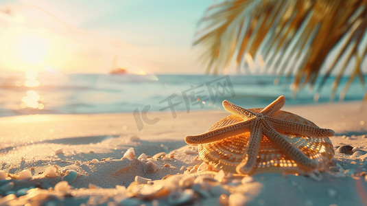 沙滩上遮阳伞海螺的摄影摄影图
