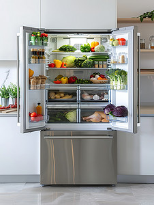 家电桁架摄影照片_现代厨房打开的冰箱高清摄影图