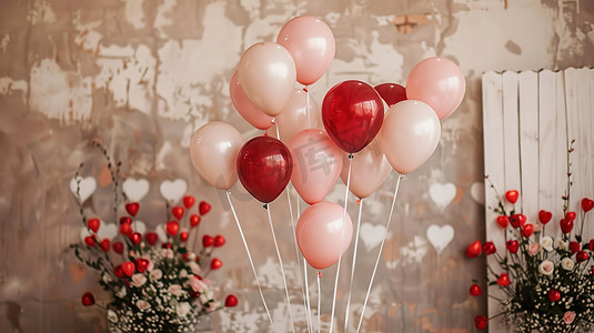 浪漫气球礼物摄影照片_一束粉色调情人节装饰气球图片