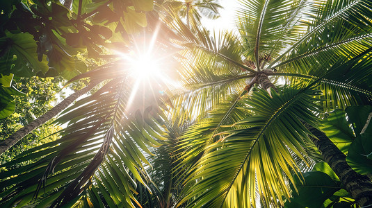 阳光照射椰子树木的摄影摄影图
