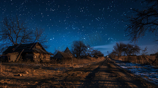 夜晚星空村庄公路摄影照片