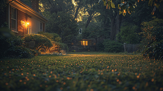 草坪灯光小路房屋摄影照片