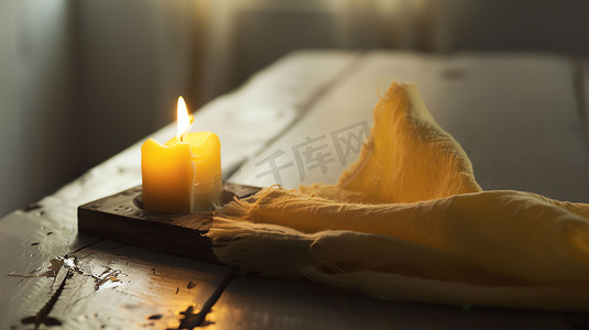 室内桌子蜡烛毛巾摄影照片