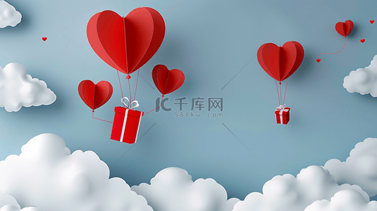 心形挂背景图片_纸艺风格的空中红色气球与礼物背景