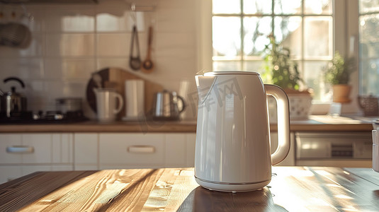 冒热气的热水杯摄影照片_厨房白色电热水壶摄影配图