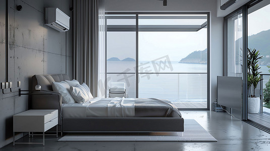 海景房落地窗床铺风景摄影照片