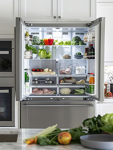 现代厨房打开的冰箱摄影配图