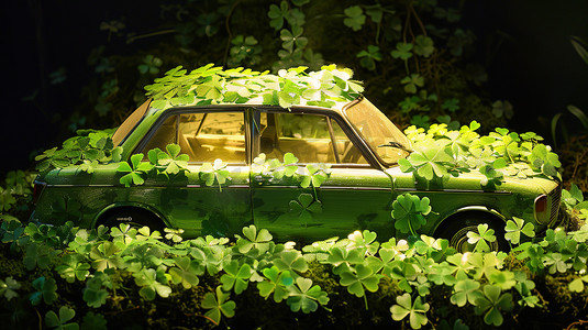 小汽车上铺满树叶的摄影高清图片