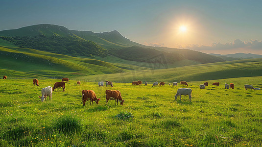 野外山脉草原牛群摄影照片
