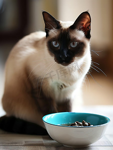 暹罗猫和碗里的猫粮照片