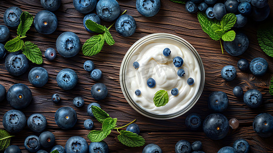 美味蓝莓酸奶木桌摄影照片