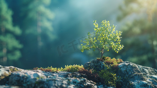 阳光照射岩石上树木的摄影摄影照片