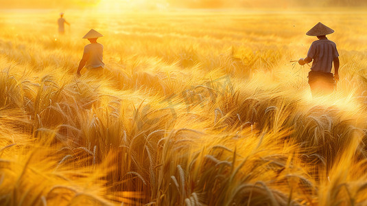 农民耕地摄影照片_阳光下金黄稻田里干农化的农民图片