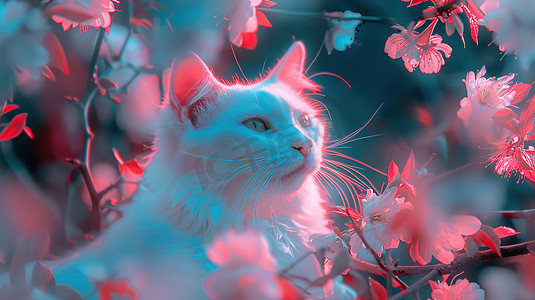唯美猫咪花朵的摄影照片