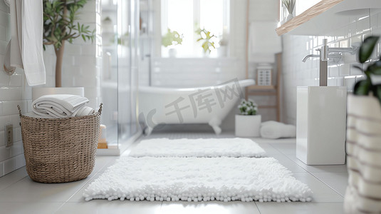 浴室浴缸地毯盆栽摄影照片