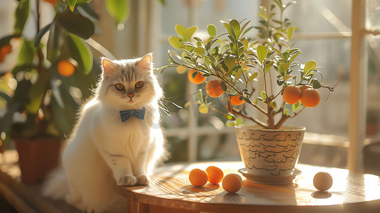 aigc猫咪摄影照片_室内果植猫咪窗台摄影照片