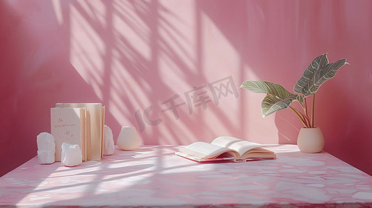 粉色室内书本盆栽摄影照片