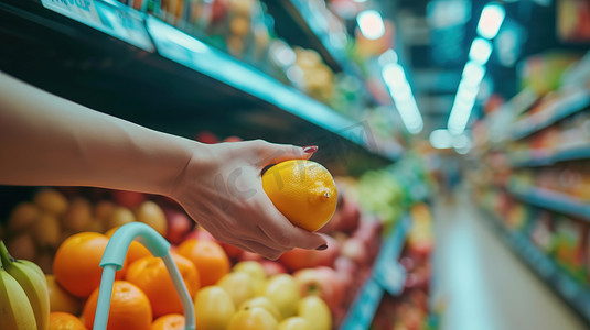 水果货架摄影照片_超市购物车水果的摄影高清摄影图