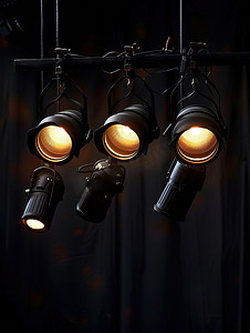 三个舞台聚光灯悬挂在黑色背景摄影图