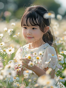 花朵丛中的小女孩高清图片