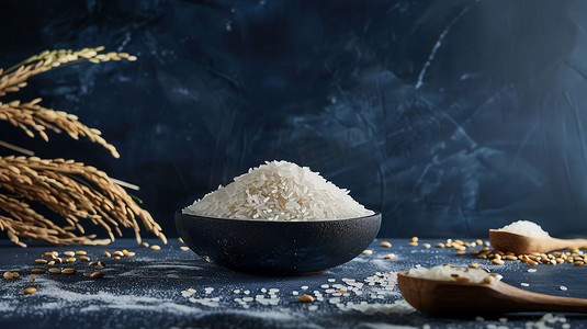 稻米木碗粮食米粒摄影照片