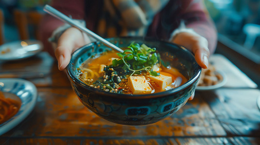 豆腐葱花汤水餐具摄影照片