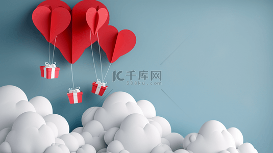 心形挂背景图片_纸艺风格的空中红色气球与礼物背景
