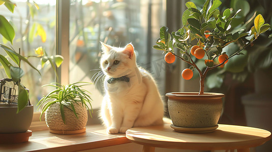 室内果植猫咪窗台摄影照片