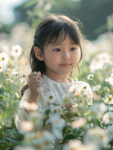 可爱的小花朵摄影照片_花朵丛中的小女孩摄影配图
