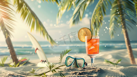 夏季沙滩饮料树木的摄影高清摄影图
