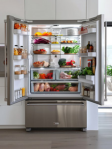 家电冰箱摄影照片_现代厨房打开的冰箱摄影图