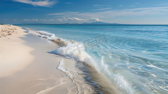 蓝天白云下海浪沙滩的摄影图片