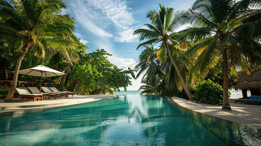 椰树海边摄影照片_夏日海滩边的椰林树影图片