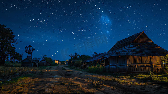 夜晚星空村庄公路摄影照片