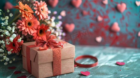 摄影照片_鲜花花束和礼物情人节图片