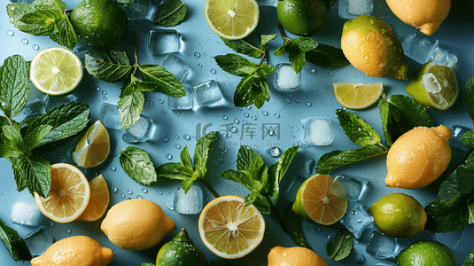 夏季清凉冰块背景图片_蓝色夏季清凉冰块柠檬背景