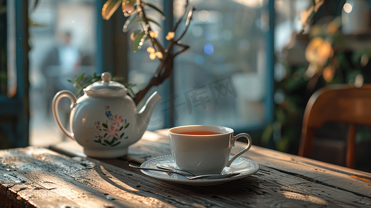 精致茶杯茶壶的摄影照片