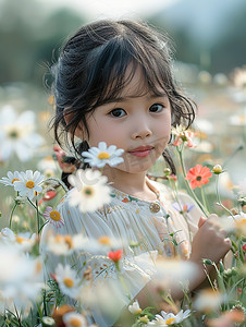 花朵丛中的小女孩摄影配图