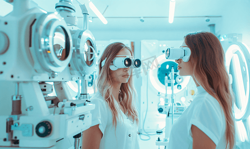 年轻女性在验光机器前检查视力