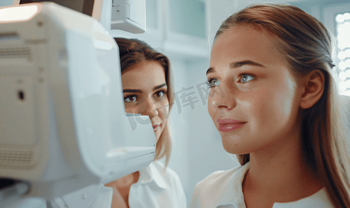 验光师在用专业验光机器给年轻女性检查视力