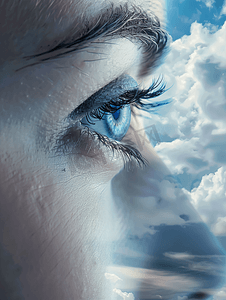 眼睛健康多云天空背景上的女蓝眼睛