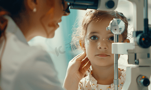 全国爱眼日图片摄影照片_验光师用专业验光仪器给小女孩检查视力