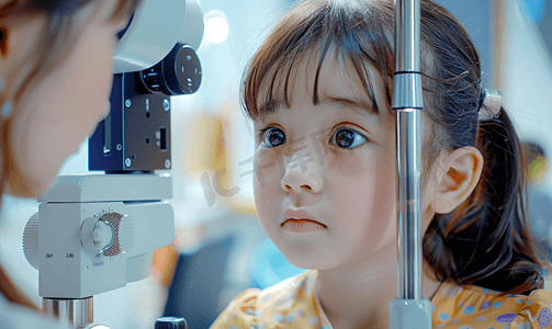仪器检测摄影照片_小女孩在专业检测仪器前检查视力