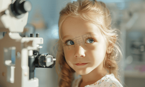 眼科中心摄影照片_小女孩在验光机器前检查视力