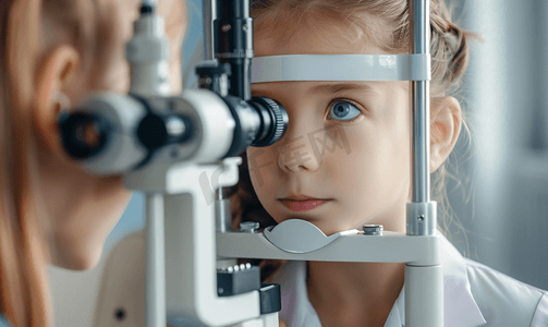 仪器检测摄影照片_验光师为小女孩检测视力