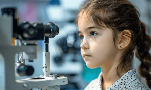 小女孩在专业检测仪器前检查视力