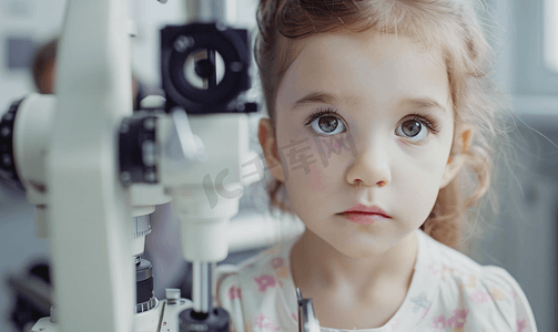 验光师用专业验光仪器给小女孩检查视力